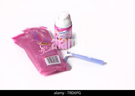 Halifax, Canada- June 1, 2019: Bic and Skintimate shaving supplies on a white background Stock Photo