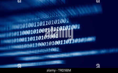Technology digital binary code data number 0 and 1 on computer screen blue dark background - blur and selective focus Stock Photo