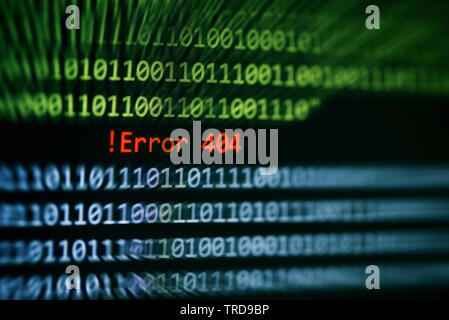 Technology binary code number data alert ! Error 404 message on display screen / Computer network system problem error software concept - selective fo Stock Photo