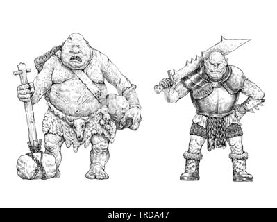 Monster illustration. Troll and Orc anatomy comparison. Fantasy drawing. Stock Photo