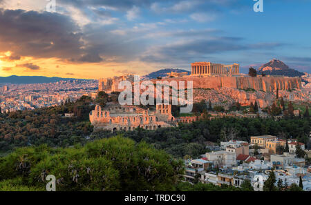 The Parthenon Temple at sunset in the Acropolis of Athens, Greece. Stock Photo