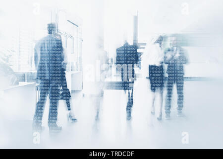 Businesspeople walking in the corridor of an business center, pronounced motion blur, binary code creative concept Stock Photo