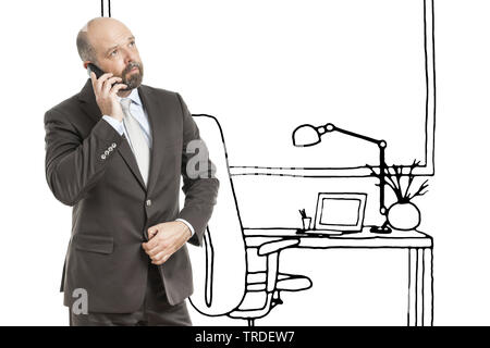 Portrait of a Businessman making a call with his mobile phone with a sketch of an office in the background Stock Photo
