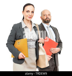 Portrait of a Businesswoman and a Businessman standing next to each other against white background Stock Photo