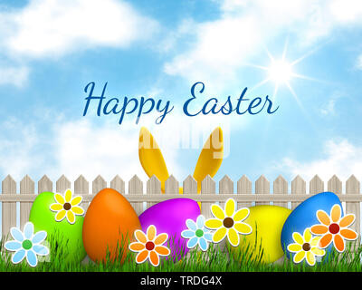 Ester card - Painted colorful Easter eggs lying on the green in front of a hash mark with cloudy sky background Stock Photo
