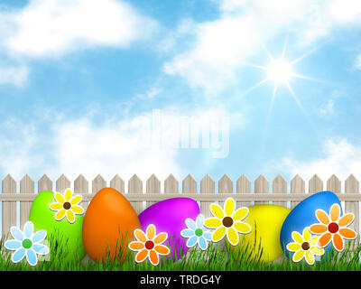 Ester card - Painted colorful Easter eggs lying on the green in front of a hash mark with cloudy sky background Stock Photo
