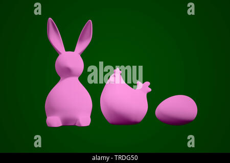 Ester card - contours of an Easter Bunny, chicken and Easter egg in pink against green background Stock Photo