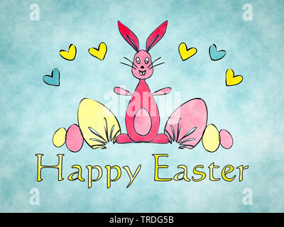 Ester card - Painted colorful Easter eggs and Easter Bunny lettering HAPPY EASTER against green background Stock Photo