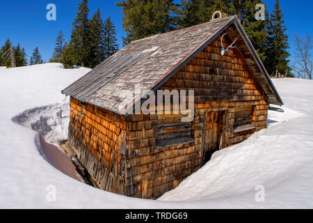 wooden hut in snow on Schoenkahler mountain, Austria, Tyrol, Tannheim Valley Stock Photo