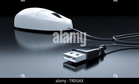 3D computer graphic, computer mouse in white color with cable and USB plug Stock Photo