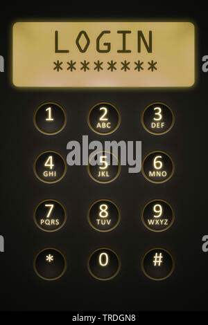3D computer graphic, 10 Code keyboard access control keypad lettering LOGIN Stock Photo