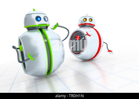 3D computer graphic, two round cute robots in white color with green and red stripes Stock Photo