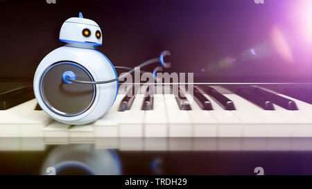 3D computer graphic, round cute robot rolling over a piano keyboard against black background Stock Photo