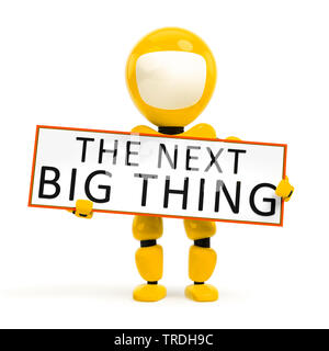 3D computer graphic, humanoid robots in yellow color holding a sign lettering THE NEXT BIG THING Stock Photo
