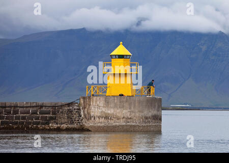 lighthouse at the harbour entrance, Seltjarnarnes, Iceland, Reykjavik Stock Photo