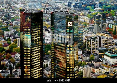 buildings of Deutsche Bank in the evening, Germany, Hesse, Frankfurt am Main Stock Photo