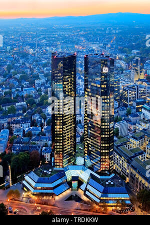 buildings of Deutsche Bank in the evening, Germany, Hesse, Frankfurt am Main Stock Photo