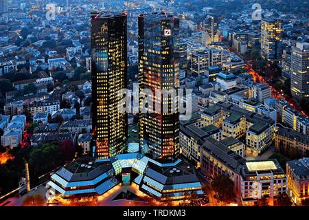 buildings of Deutsche Bank in the evening, Germany, Hesse, Frankfurt am Main Stock Photo