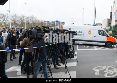 Tens of television journalists are working in Brussels following the 2015 Paris attacks in the district of Molenbeek, Belgium. Stock Photo