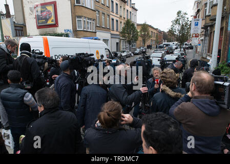 Tens of television journalists are working in Brussels following the 2015 Paris attacks in the district of Molenbeek, Belgium. Stock Photo