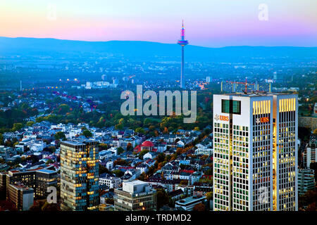 view from Main Tower to the television tower in the evening, Germany, Hesse, Frankfurt am Main Stock Photo