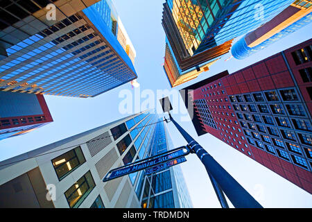 financial district with tower blocks from below, Neue Mainzer Strasse, Germany, Hesse, Frankfurt am Main Stock Photo