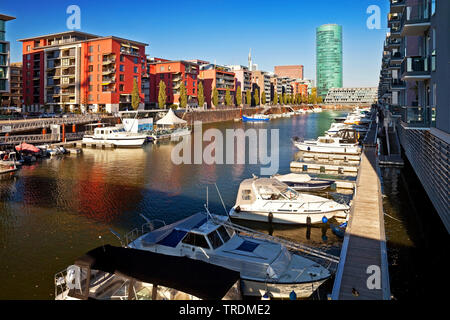 former west port and Westhafen Tower, Germany, Hesse, Frankfurt am Main Stock Photo