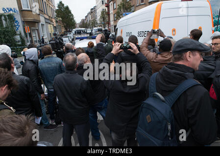 Tens of television journalists are working in Brussels following the 2015 Paris attacks in the district of Molenbeek, Belgium. Stock Photo