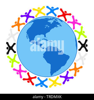 Illustration of some stylized people building a circle around the earth america Stock Photo