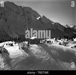 moutain Hoher Kranzberg the mountain chain of Wetterstein, aerial photo, taken between 1958 and 1963, Germany, Bavaria Stock Photo