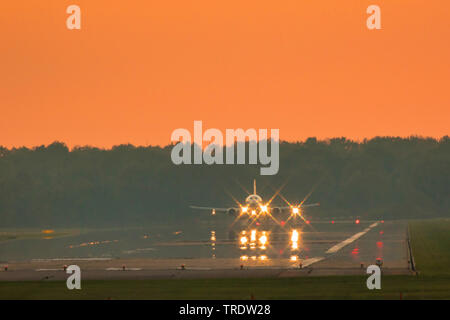 Airbus at sunset on runway of Munich airport, Germany, Bavaria, Muenchen Stock Photo