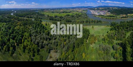 aerial view of Isar river mouth, Germany, Bavaria, Niederbayern, Lower Bavaria, Deggendorf Stock Photo