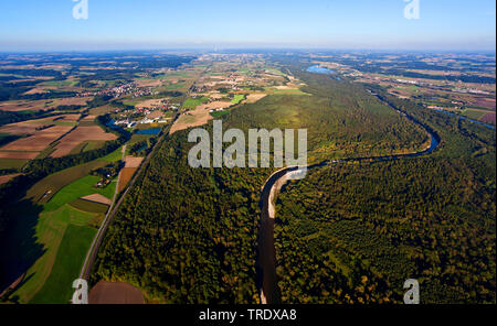 floodplain forest of river Isar at Moosburg, aerial view, Germany, Bavaria, Niederbayern, Lower Bavaria Stock Photo