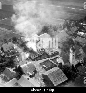 burning house in Kirchbruck at Kinding, aerial photo from the year 1960, Germany, Bavaria Stock Photo