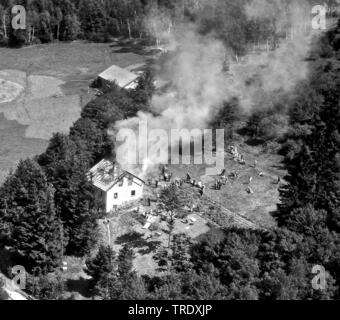 burning house at Rohrmuenz, aerial photo from the year 1960, Germany, Bavaria, Niederbayern, Lower Bavaria Stock Photo