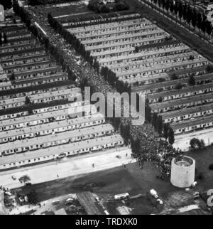 demonstration in the former concentration camp of Dachau, aerial photo from 05.08.1960, Germany, Bavaria, Muenchen Stock Photo