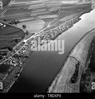 persons bathing in river Regen North of Regensburg, aerial photo from 02.09.1961, Germany, Bavaria, Ratisbon