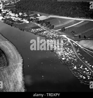 persons bathing in river Regen North of Regensburg, aerial photo from 02.09.1961, Germany, Bavaria, Ratisbon