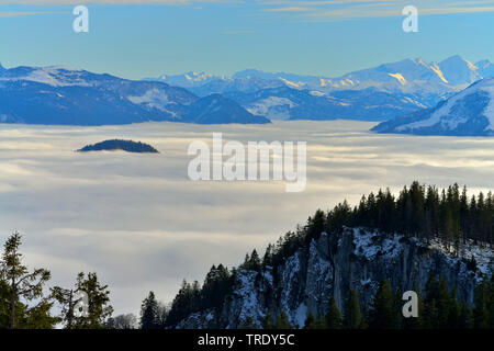 montain wood with mist, view from montain Kampenwand, Kaiser mountains in Austria in the background, Germany, Bavaria, Chiemgauer Alpen Stock Photo