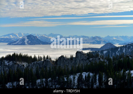 montain wood with mist, view from montain Kampenwand, Kaiser mountains in Austria in the background, Germany, Bavaria, Chiemgauer Alpen Stock Photo