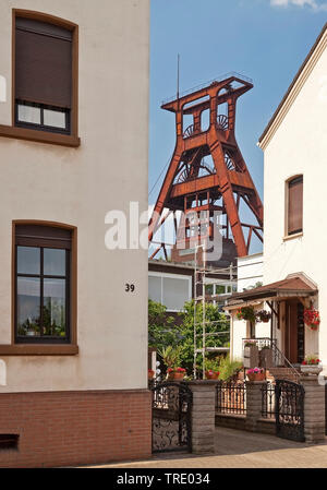 residential houses with the headframe of Pluto colliery, Germany, North Rhine-Westphalia, Ruhr Area, Herne Stock Photo
