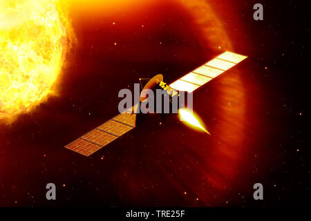 space probe on the way to the sun, computer graphic Stock Photo
