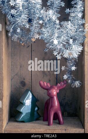 wooden box with Christmas tree, reindeer and stars, christmas decoration Stock Photo