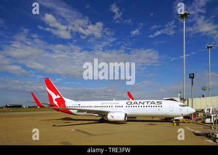 BRISBANE, AUSTRALIA -20 JUL 2018- View of airplanes from Australian airline Qantas (QF) at the Brisbane Airport (BNE) in Queensland, Australia. Stock Photo