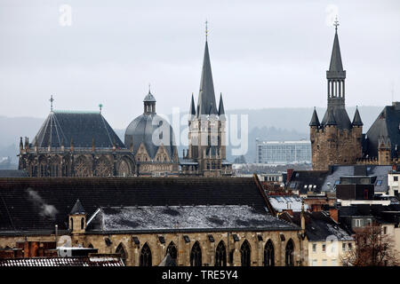 Aachen Cathedral and tower of Aachen Town Hall above the city roofs, Germany, North Rhine-Westphalia, Aix-la-Chapelle Stock Photo
