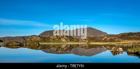 The Lakeland mountain of Pillar reflecting in the still waters of Innominate Tarn on an early summer morning Stock Photo