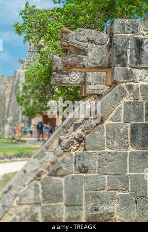 Stone ornaments, in the shape of snake heads, in the archaeological area of Chichen Itza, in the Yucatan peninsula Stock Photo