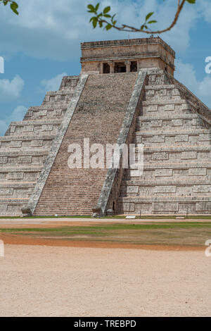 Front part of the Mayan Pyramid of Kukulkan, known as El Castillo, classified as Structure 5B18, taken in the archaeological area of Chichen Itza, in Stock Photo