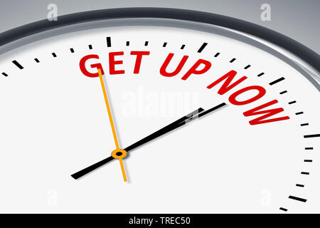 3D computer graphic, clock lettering GET UP NOW Stock Photo