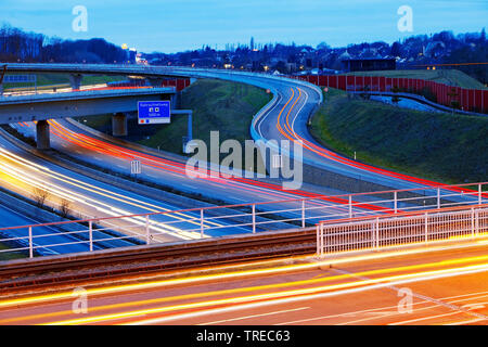 bridge over the motorway A40 in the evening, Germany, North Rhine-Westphalia, Ruhr Area, Bochum Stock Photo